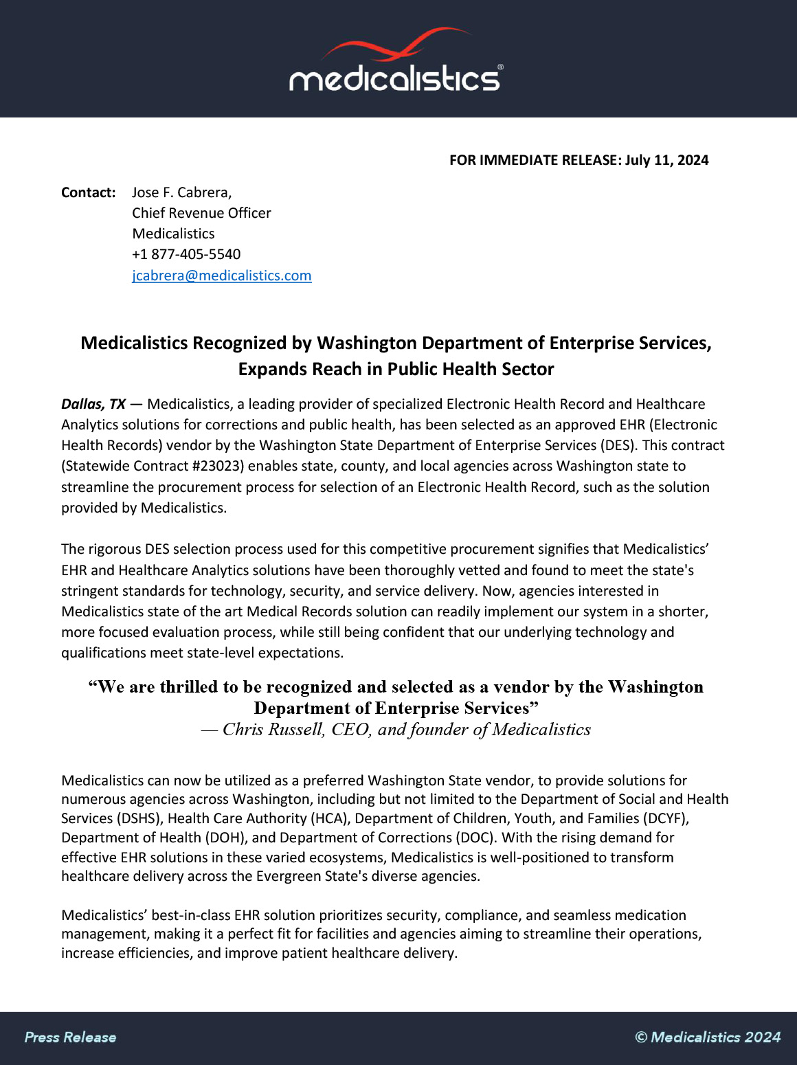 Medicalistics LLC announces the successful statewide rollout of eZmar® X: a revolutionary electronic medication administration record (eMAR) Press Release
